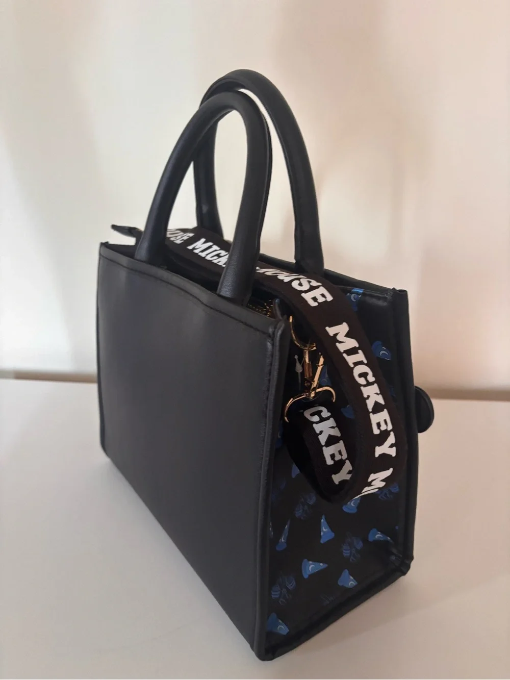 Disney Black Fantasia Mickey Satchel with Blue Lettering